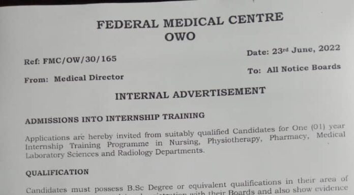 FMC Owo invites Internship Applications (Apply Now)