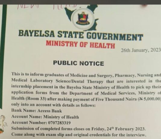 Internship Placements at Bayelsa State Ministry of Health