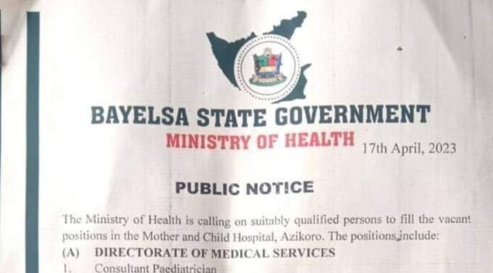 Bayelsa State Ministry of Health massive recruitment (Parcel service)