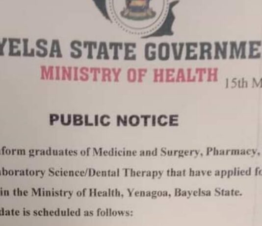 Bayelsa State Ministry of Health releases date for 2023 internship Exams