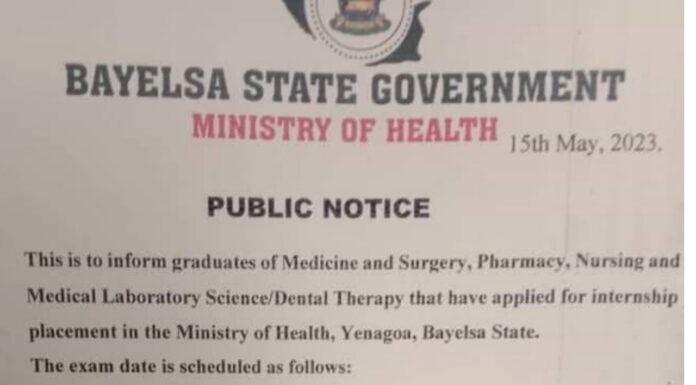 Bayelsa State Ministry of Health releases date for 2023 internship Exams
